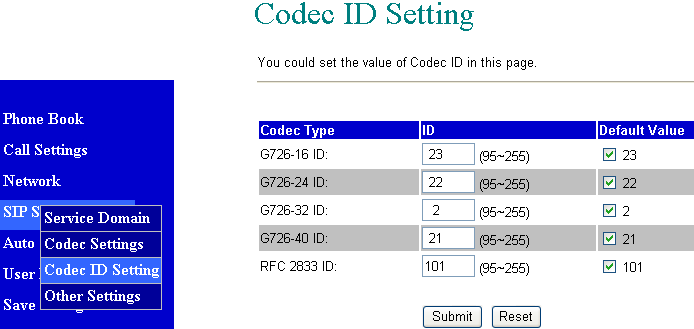 Configuração do Codec ID: 8.75 Esta página serve para configurar os Codec ID. Para melhor utilização, consulte o provedor SIP.