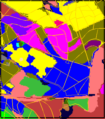 Figura 3 Imagem CBERS-2 registrada, com correção geométrica e sobreposição do Plano de Informação da categoria Cadastral - Propriedades Produtoras em amarelo. 6.