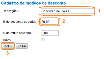 1. Criar desconto padrão Para cadastrar um desconto padrão, siga os passos a seguir: a) Clicar em TABELAS no menu superior; b) Selecione o ícone MOTIVOS DE DESCONTOS ; c) Na janela que abre, clique