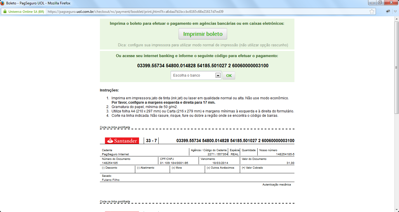 Figura 18 Conferir e preencher dados pessoais e acionar a funcionalidade Gerar boleto O sistema irá gerar o boleto e apresentar na tela para impressão pelo futuro associado.