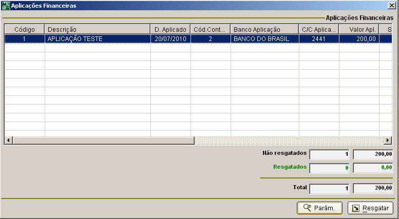 3. Menu Movimentação 3.1. Aplicações Financeiras Possível cadastro de uma aplicação financeira realizada pelo estabelecimento.