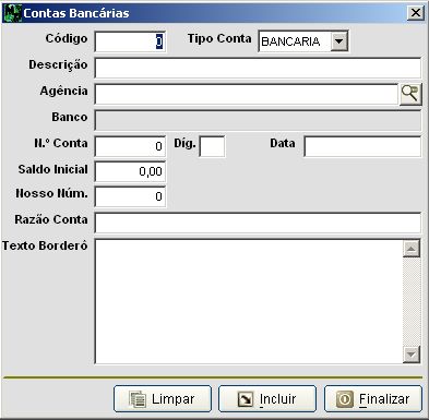 2.1.3. Contas Após a agência cadastrada corretamente, é possível cadastrar a conta bancária, incluindo o nº da conta, o saldo inicial, a data de cadastro e o nosso número.