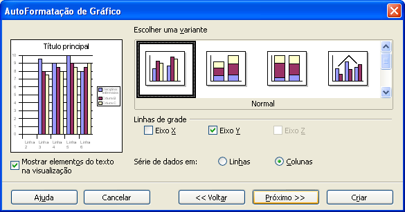 Na segunda janela selecione o tipo de gráfico que será criado. Mostrar elementos do texto na visualização: mostra a maneira como o gráfico será exibido na planilha.