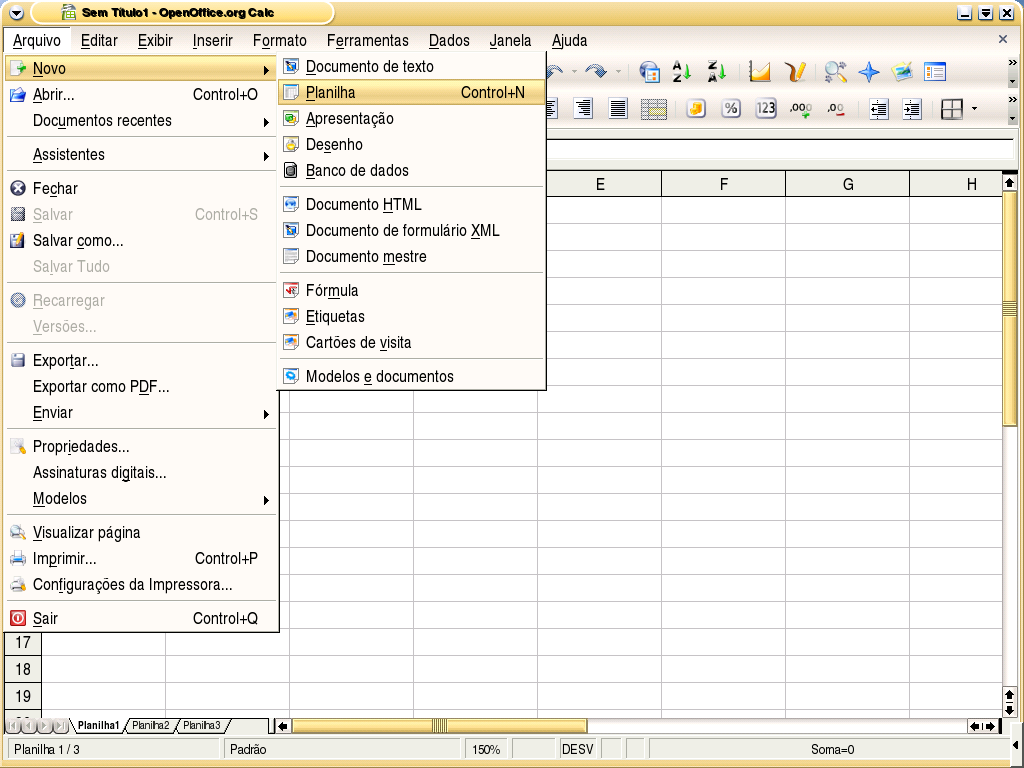 Figura 3.1: menu Arquivo Novo Planilha Após selecionar uma das opções para criar um novo documento, será aberta uma nova planilha que você poderá editar e usar como melhor entender.