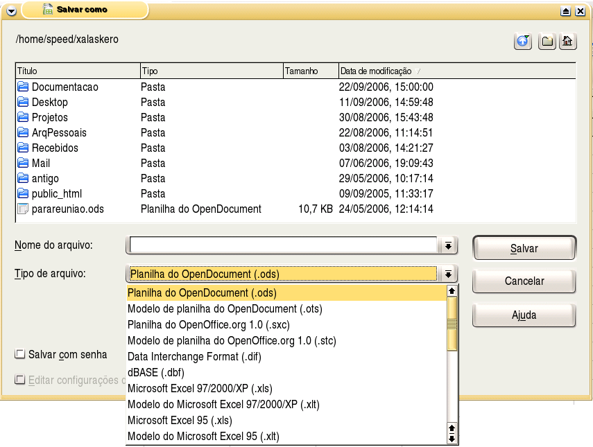 Figura 3.4: Salvando um documento com um novo formato O formato padrão (em que são salvas as planilhas no OpenOffice.org Calc 2.0) é o formato ODS ou, Planilha do OpenDocument (.