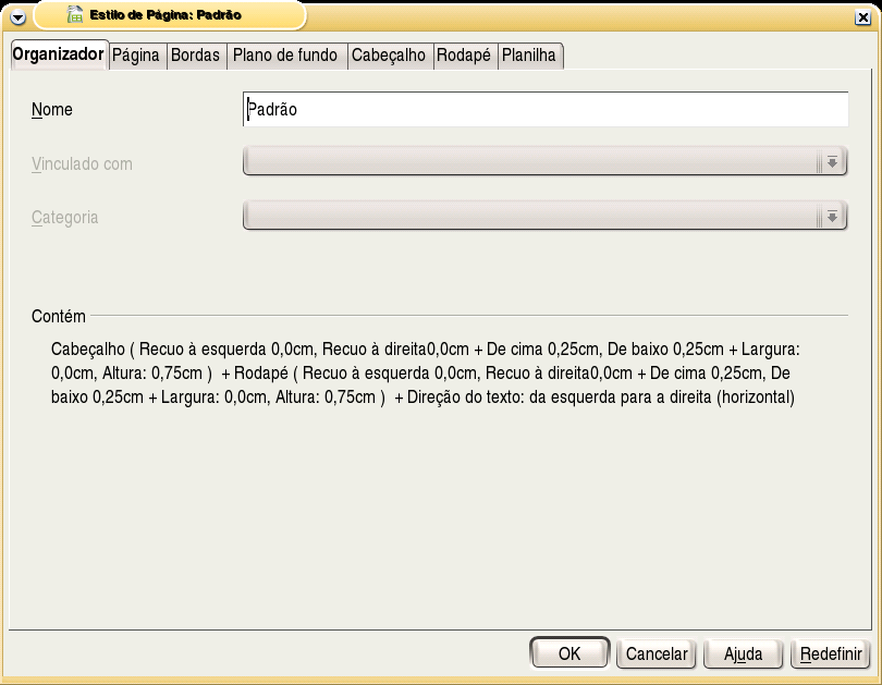 Nessa caixa, as guias indicam: ˆ Organizador: Permite configurar o estilo da página.