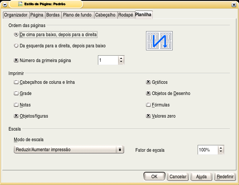 ˆ Planilha: Nessa pasta pode-se escolher entre vários ítens que serão visualizados na impressão, como linhas de grade,