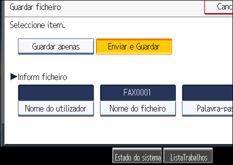 Enviar um Ficheiro Guardado 2. Prima [Guardar fich.]. 3. Seleccione [Enviar e Guardar] ou [Guardar apenas]. Seleccione [Enviar e Guardar] para enviar documentos depois de serem guardados.