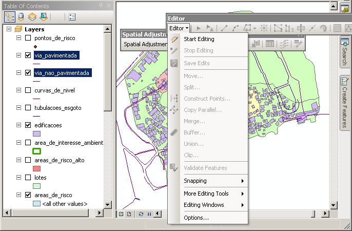 Shapefiles Ajustar Espacialmente Editor>Start Editing É necessário estar em modo de edição para que