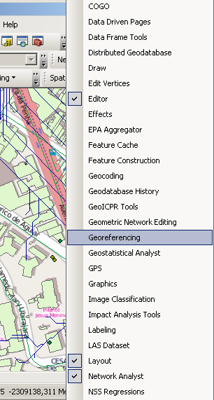 Rasters Georreferenciar Barra Georeferencing Camada de imagem Liga pontos de controle a pixels da imagem, posicionando o raster