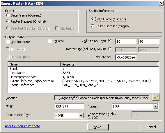 Raster Exportar Escolher salvar o raster no mesmo sistema de coordenadas da estrutura de dados Eventualmente, escolher