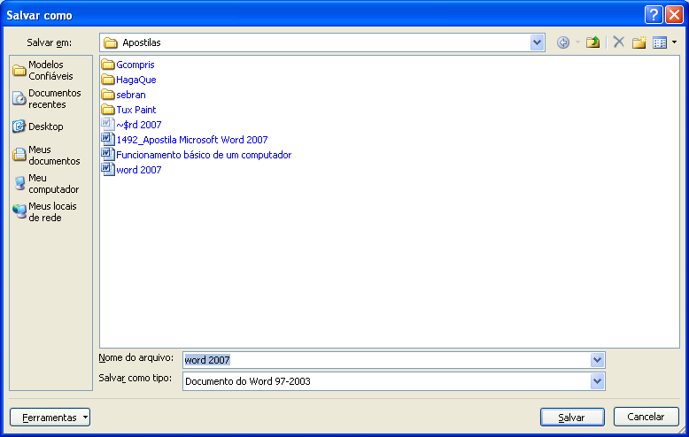 salvar Diferença entre salvar e salvar como Salvar como: é usado sempre que o documento for salvo pela primeira vez, mesmo se for clicado em sal- var aparecerá à tela do salvar como.