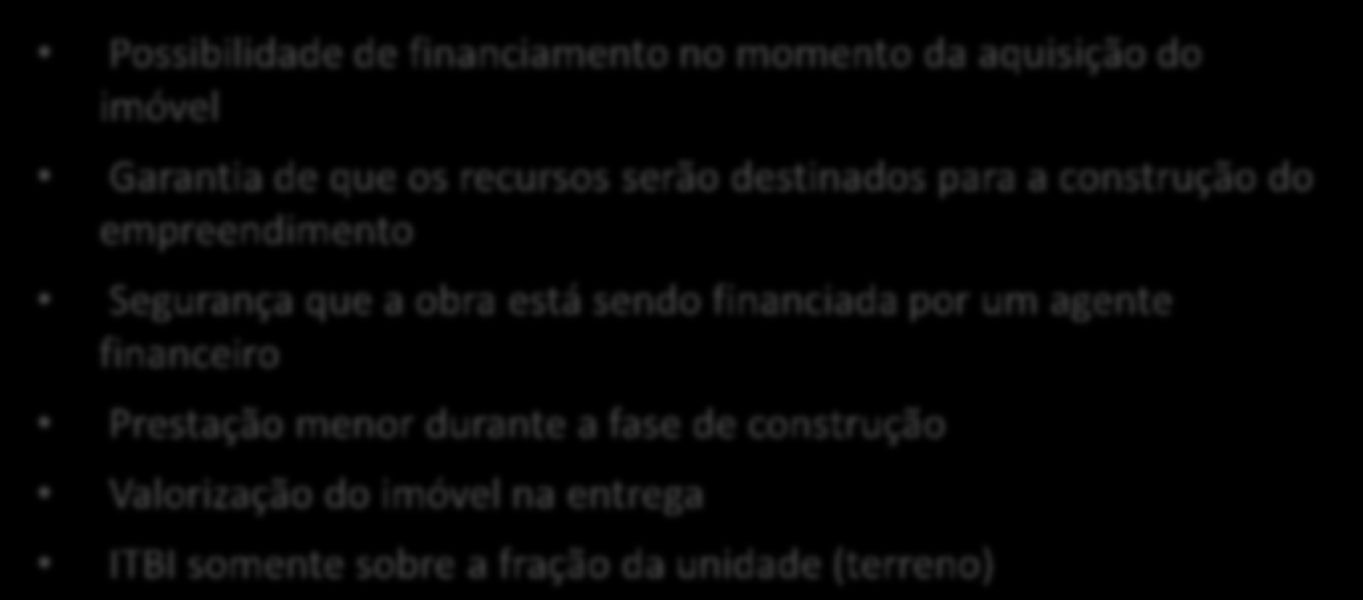 BB Financiamento na Planta Vantagens e Benefícios Vendedor Incorporadora/ Construtora Realização de lucro no momento das vendas das unidades Necessidade de pequeno desembolso de recursos próprios