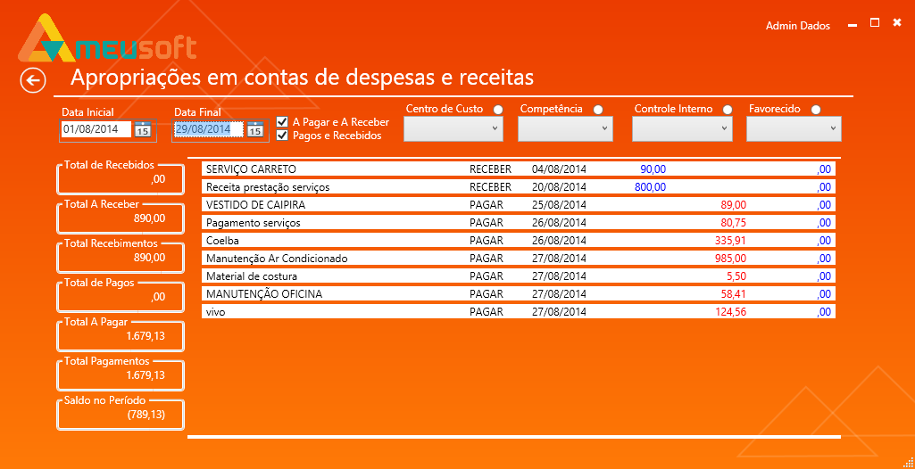 visualizados de acordo com o cadastramento que fez na tela complementar de pagamentos/recebimentos: Centro de custo, competência, controle interno e/ou favorecido.