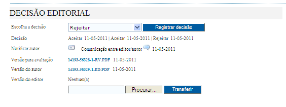 Em Decisão Editorial, selecionar Rejeitar e clicar em Registrar Decisão Em