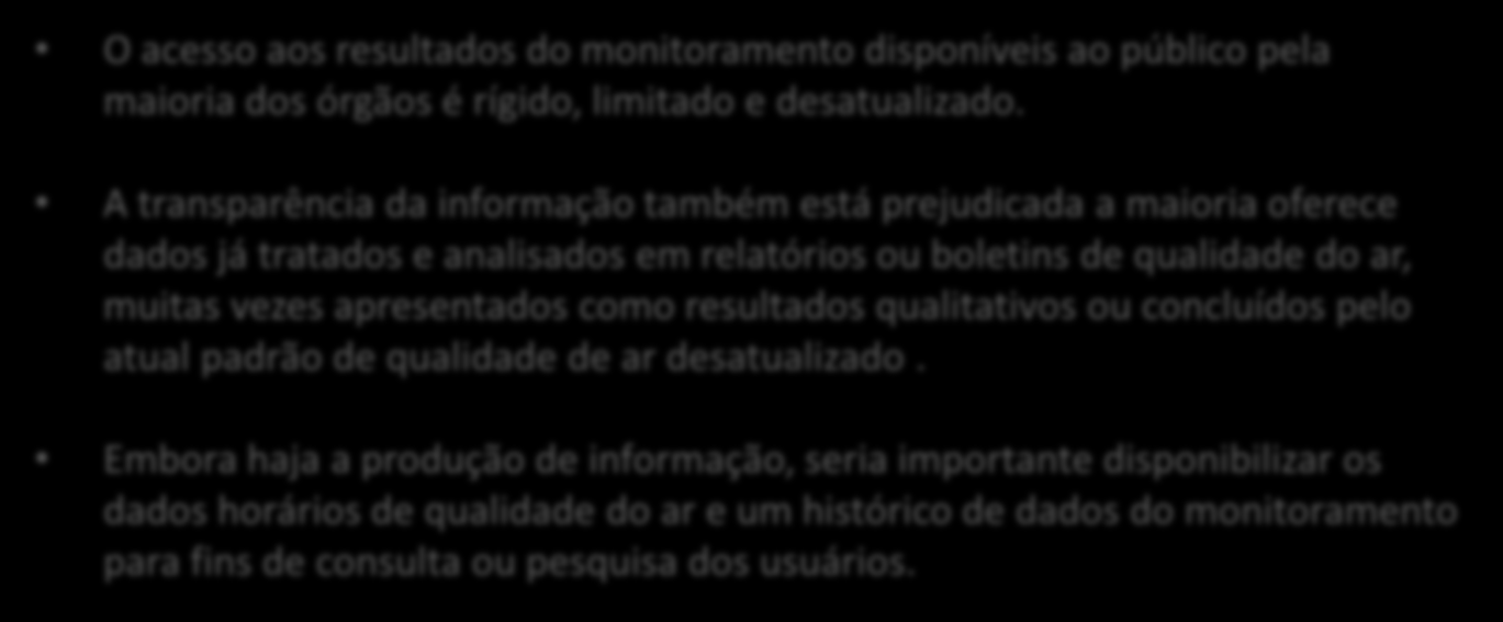 Resultados da pesquisa de dados no website O acesso aos resultados do monitoramento disponíveis ao público pela maioria dos órgãos é rígido, limitado e desatualizado.