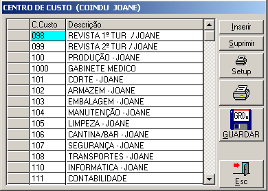 CENTRO DE CUSTOS Tratando-se de uma tabela, a informaáéo néo ä guardada linha a linha, mas sim no seu todo quando premir a tecla GUARDAR ou Alt + G.