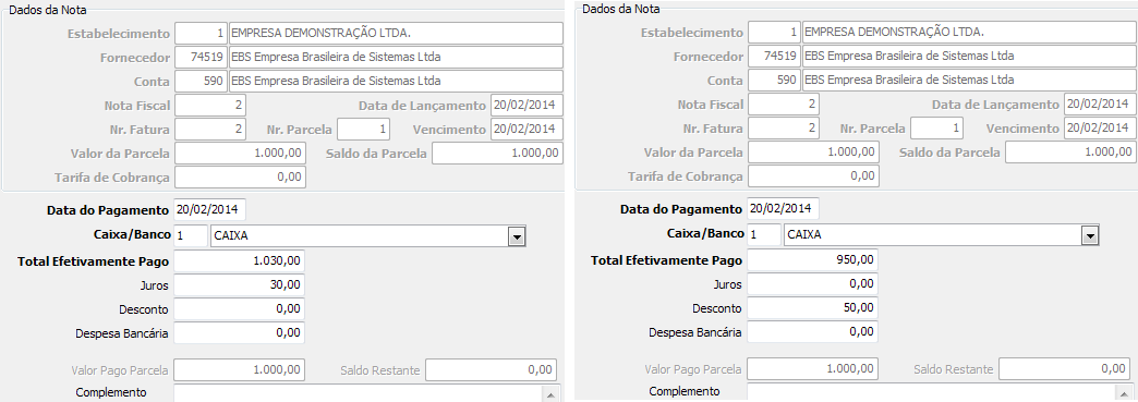 Valor maior que saldo parcela Diferença como juros Sem saldo restante na parcela Valor menor que saldo parcela Diferença como desconto Sem saldo restante na parcela No primeiro exemplo da imagem, o