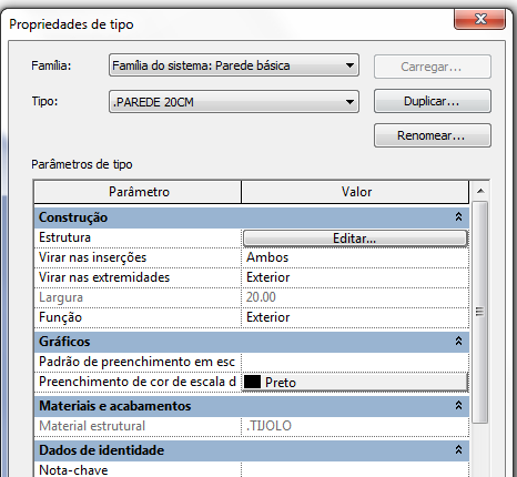 7.6 Editando o material de acabamento de uma parede Ao criar as paredes, a parte externa, de acabamento fica com outro material, o Revit utiliza o material padrão da parede.