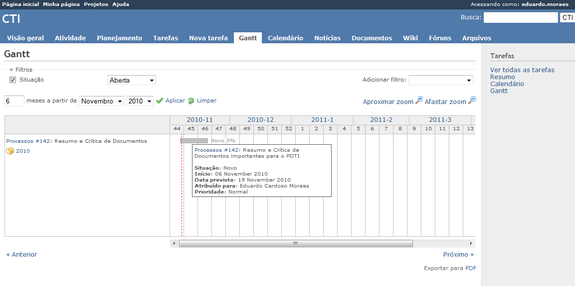 No Redmine é possível adicionar uma nova tarefa com as seguintes características: status(nova, completa, etc.), prioridade (normal, alta, urgente, etc.