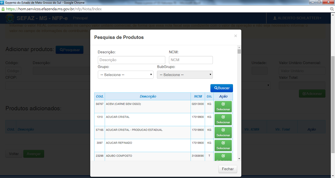 TELA 09 Para emitir a NFP-e, fica mais fácil se souber o código do produto. Caso não saiba o código do produto, pode-se utilizar a função Pesquisar (por descrição, grupo ou NCM).