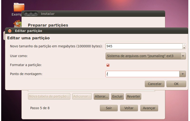 de partições: o tamanho (em megabytes), o tipo de escrita Ext3, marcar para formatar e o ponto de montagem /,