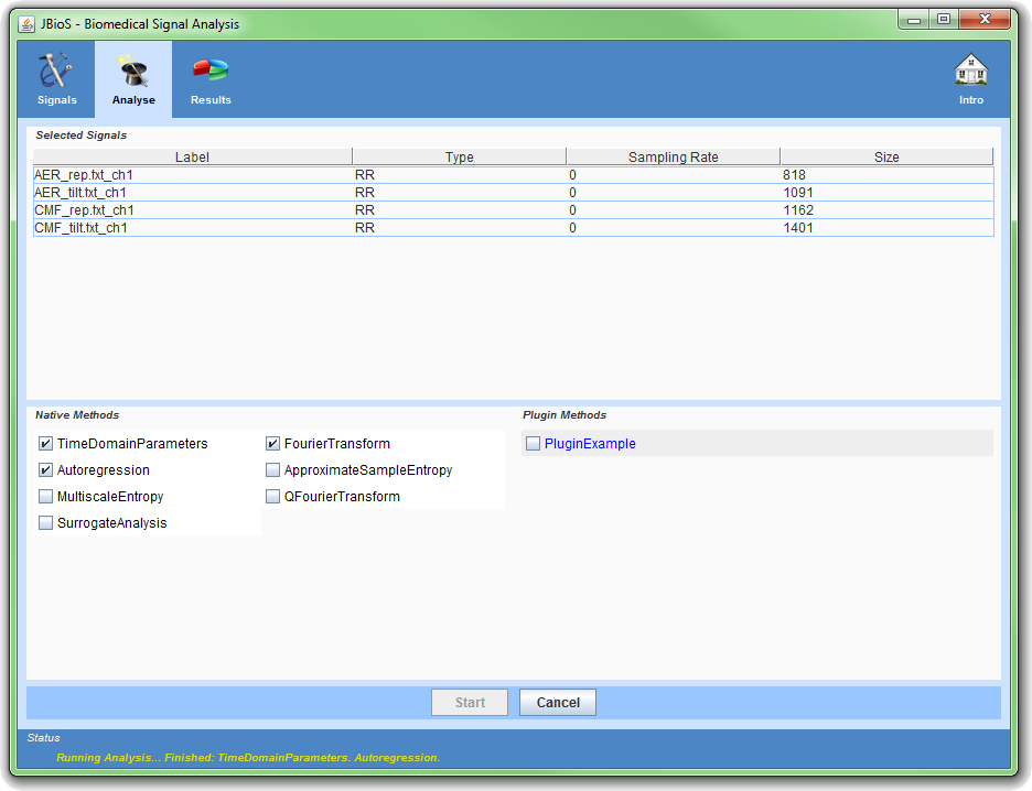 Figura 5. Painel de seleção dos métodos de análise, onde estão disponíveis os plugins nativos do sistema (em preto) e os adicionados pelo usuário (em azul).