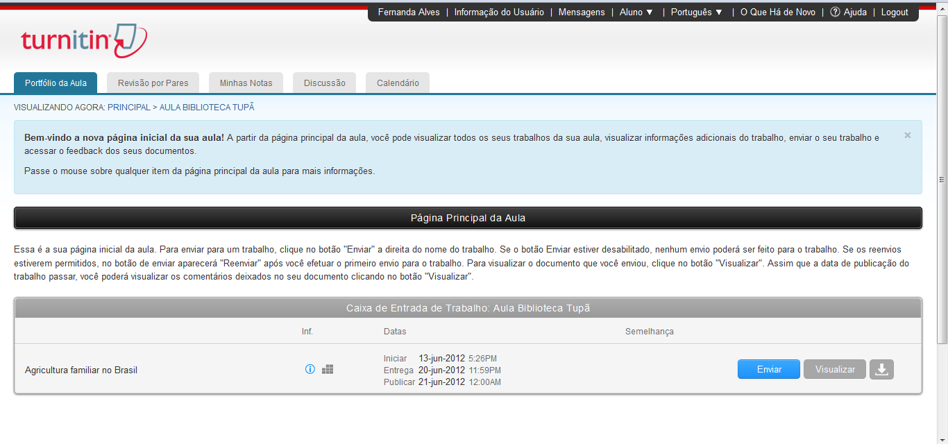 14 4.3 Após efetuar o login o aluno poderá visualizar as aulas incluídas com os respectivos nomes dos docentes. 4.4 Clicando no nome da aula é possível visualizar a seguinte tela contendo o nome do trabalho, datas de entrega do trabalho e publicação dos resultados.