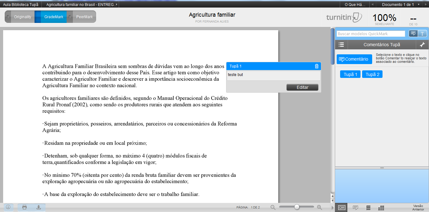 18 5.3 As partes grifadas em vermelho são textos extraídos da Internet. Na guia ao lado é possível verificar o(s) site(s) de onde os conteúdos foram retirados. 5.4 Clicando em GradeMark é possível adicionar comentários ao trabalho.