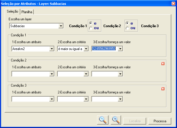 Figura 37 - Comando Seleção por Atributos Para definir uma segunda ou terceira condição a que a seleção deve estar condicionada, basta clicar nas opções e ou ou, ao lado do nome de cada uma das