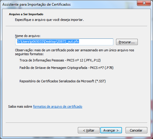5.3 Caso o caminho do certificado não esteja preenchido, clique em procurar e ache o arquivo na área de trabalho ou o