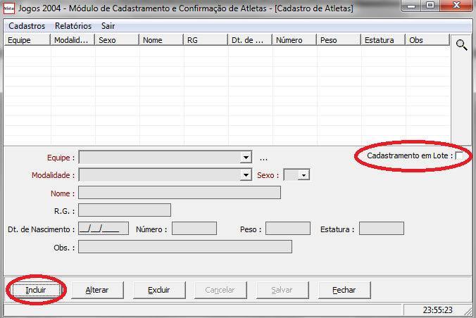 Clique no botão INCLUIR na parte inferior do lado esquerdo da interface e em seguida selecione a caixa de seleção CADASTRAMENTO EM LOTE que se encontra no centro da interface do modulo.