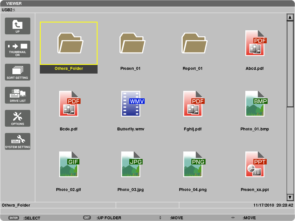 4. Usar o visualizador 4. Prima o botão para seleccionar USB1 e prima o botão ENTER. O ecrã de miniatura USB1 será apresentado.