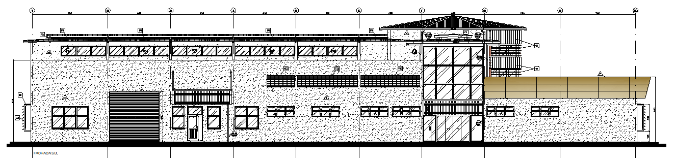 38 mais importantes da arquitetura foram modelados. Esses detalhes são ilustrados a seguir. Figura 8: Fachada sul em um desenho de arquitetura.