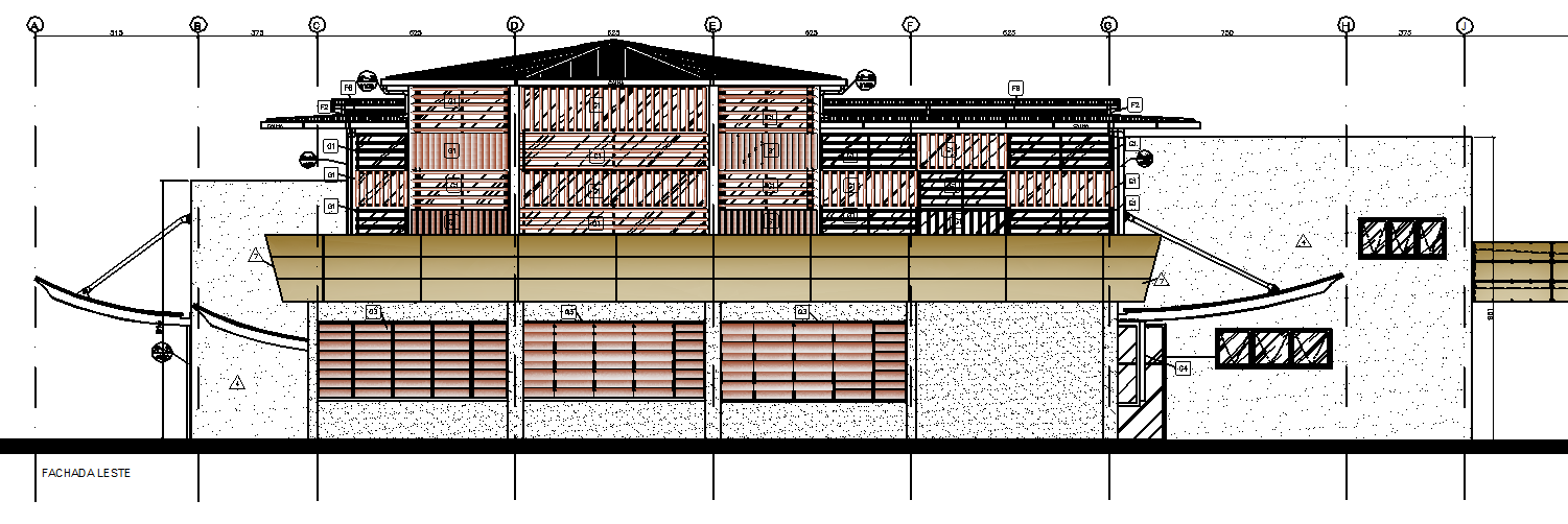 39 Figura 9: Planta de arquitetura do térreo modelada no Revit. Na fachada leste, Figura 10, o primeiro destaque é a quantidade de brises que controlam a entrada de luz.