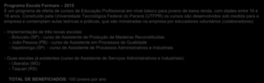 Sustentabilidade - Diálogo e Relacionamento Estratégia de nvestimento Social Programa Escola Formare 2015 É um programa de oferta de cursos de Educação Profissional em nível básico para jovens de