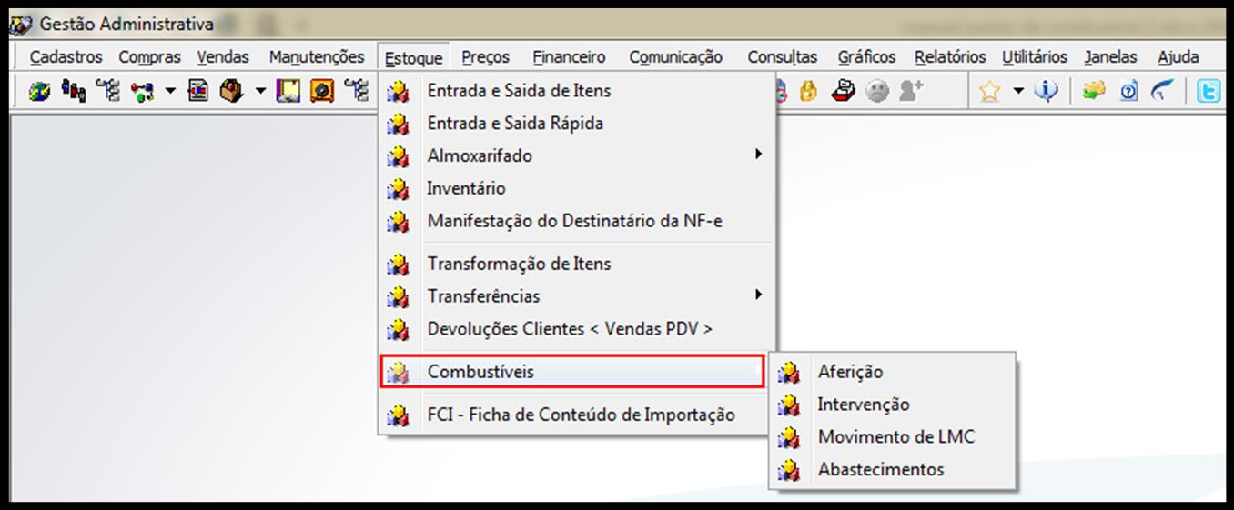 Figura 21 Menu Estoque para Combustíveis. 2.3.1 AFERIÇÃO A aferição de bombas é empregada para verificar se bomba abastece a quantidade correta de combustível.