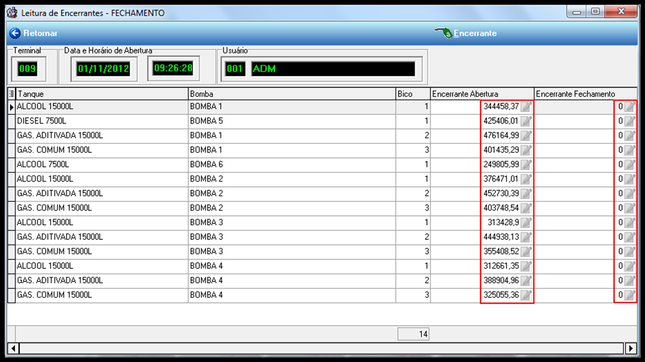 Figura 45 Fechamento de Encerrantes. Quando o fechamento de caixa ou turno for realizado, se as bombas estiverem com status PRONTA, o processo será mais rápido.