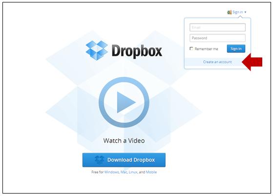 Criar uma conta no Dropbox 1. Entre no endereço: http://www.dropbox.com/ 2. No canto superior direito da tela, clique em Sign in : 3. Clique em Create an account : 4.