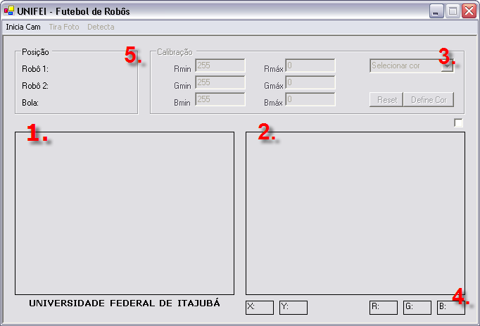 Realizando a aquisição de imagens o software detecta as unidades e a bola, podendo assim definir a posição e o respectivo deslocamento de cada componente da partida.