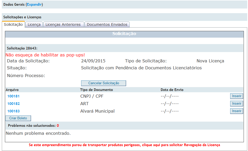 CADASTRO DA SOLICITAÇÃO Na tela de Cadastro de Licenças, clicar na Aba Solicitação. Será gerado o número da Solicitação e a descrição do Tipo de Solicitação.