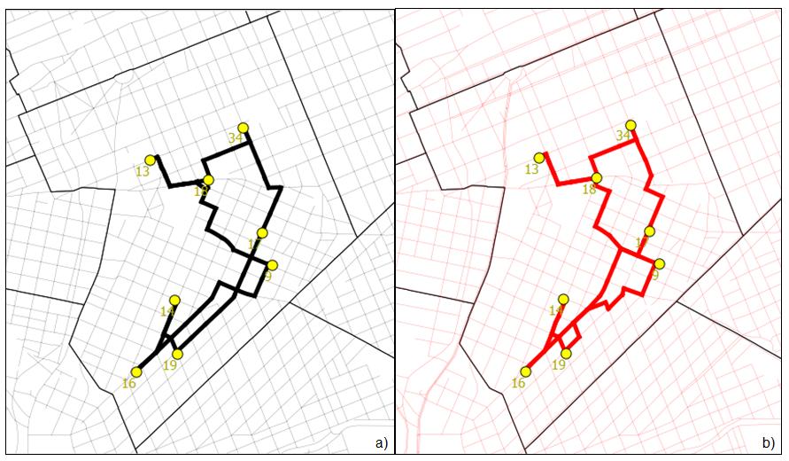 p. 008-009 Figura 8 Rotas geradas na base IPPUC (a) e OSM (b) de acordo com o itinerário 03.