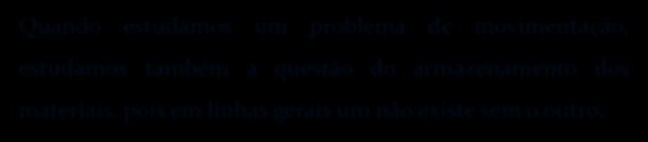 ARMAZENAMENTO DE MATERIAIS Quando estudamos um problema de movimentação, estudamos também