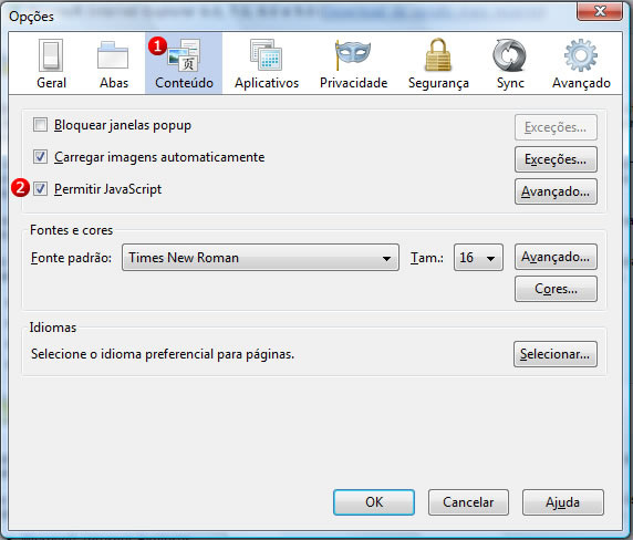 Em opções, selecione o ícone Conteúdo (passo 1). Nesta tela, marque a caixa de seleção Permitir JavaScript (passo 2).