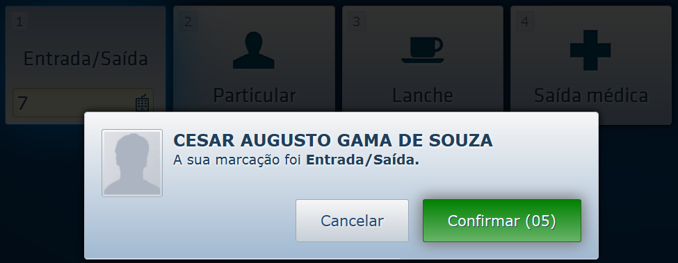 1 Marcações com cartão ponto Para a marcação via cartão ponto, ao confirmar a marcação, o Fly Pontual exibirá uma tela com o nome do funcionário, contendo a opção de