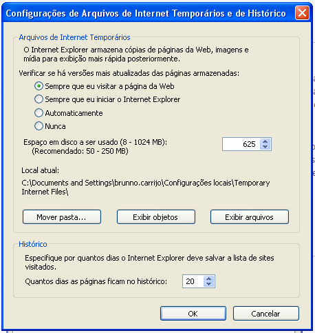 3º passo: Quando acessar a Configurações de Arquivos de Internet Temporário e de Históricos verifique se a opção Sempre que eu visitar a página da Web está marcada (conforme figura abaixo), se não