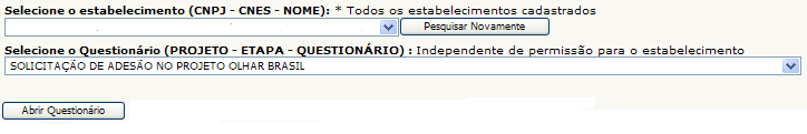 Após o acesso, os gestores visualizarão uma caixa de rolagem com o seu Município e outra do Questionário para preenchimento, para abri-lo clique no botão Abrir Questionário para que possa começar o