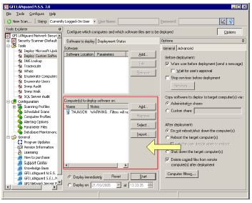 a) Clicar me Tools>deploy Custom software b) Em Computers to deploy Software, e a meio da janela, clicar em add ou em Select para seleccionar uma gama de computadores para onde irá ser enviado o