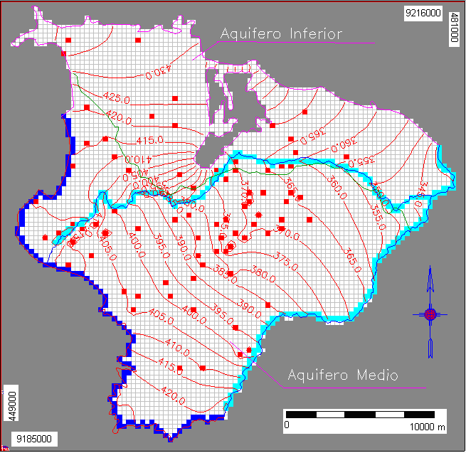 Figura 11.Variação das linhas equipotenciais, de 10,0 em 10,0 metros, para a Simulação 3. Simbologia:... Cursos d água;... Poços em uso;... Contribuição da Chapada;.