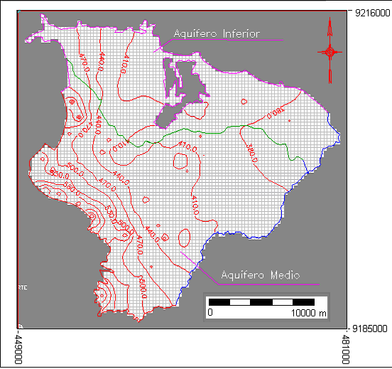 Figura 13.Linhas potenciométricas de 20 em 20 m, geradas a partir do nível estático de 76 poços com dados fornecidos pela COGERH.